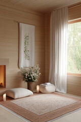 Fototapeta premium cozy spa cabin featuring serene meditation corner with soft cushions, natural light, and calming decor. space invites relaxation and mindfulness, perfect for rejuvenation
