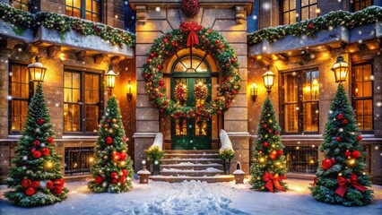 Obraz premium Festive Candid Photography of a Christmas Scene at a Luxury Building with Holiday Decorations and Sparkling Lights