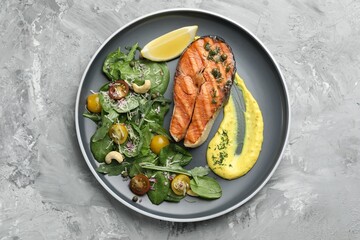 Tasty grilled salmon steak with sauce and salad on grey textured table, top view