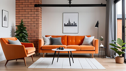modern scandinavian living room features cute orange velvet sofa brick wall