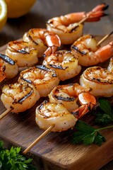 Succulent Grilled Shrimp Skewers on Wooden Board with Fresh Parsley - Appetizing Seafood Delight for Culinary Creations and Restaurant Menus