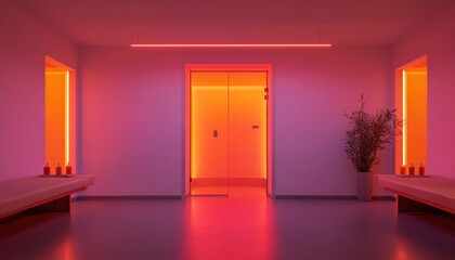 serene high end detox spa featuring infrared saunas, illuminated by soft pink and orange lighting. calming atmosphere invites relaxation and meditation