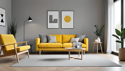 modern scandinavian style combines yellow sofa wooden cabinet cozy grey living room atmosphere