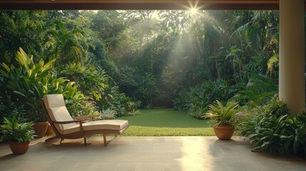 Tranquil Retreat Lush Tropical Garden Landscape Viewed from Sunlit Patio with Lounge Chair, Serene Relaxation Concept