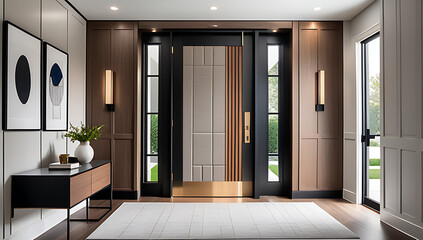 modern space features elegant door wall paneling upscale entryway design concept incorporating various textures materials effectively