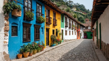 Obraz premium Vibrant Cobblestone Street in Charming Mountain Village with Colorful Buildings and Lush Greenery - Sunny Tranquil Scene for Travel and Design