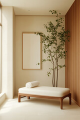 serene indoor spa featuring minimalist meditation corner with comfortable lounge chair and decorative plant, creating tranquil atmosphere for relaxation