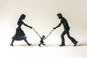 Obraz premium Dark paper silhouettes of a family against a red heart, parents pulling the child in different directions. Relationship problems, divorce and difficulties between parents and children.