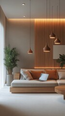 Elegant and modern living room design with warm lighting and stylish furnishings during the day