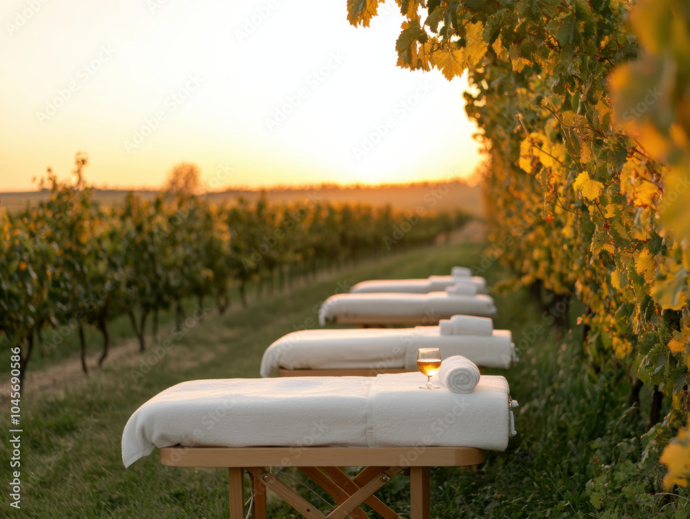 Wall mural serene spa escape in vineyard at sunset, featuring massage tables lined with soft towels and glass o