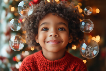 Naklejka premium Happy Afro American Child in cozy red sweater smiles amid glowing Holiday lights and Bubbles with gift icons. Perfect for themes of Christmas, Joy, and Festive Celebrations.