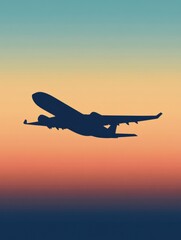 An airplane silhouette glides through a vibrant sky at sunset, evoking a sense of adventure and the joy of traveling. Generative AI