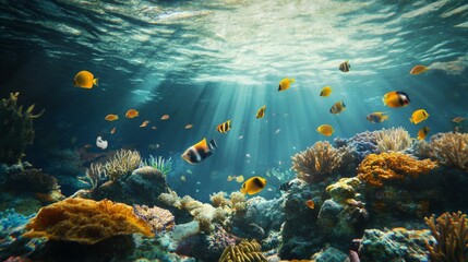 Naklejka premium A vibrant underwater scene with colorful coral reefs and a school of fish swimming through sunbeams.