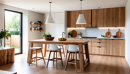 rustic kitchen features solid wood dining table stool made natural materials created cozy ambiance modern interiors daily