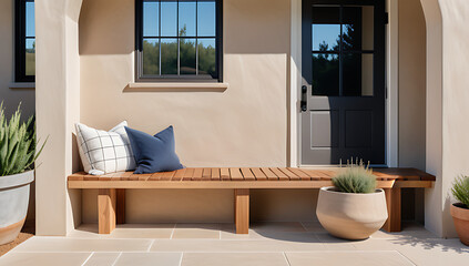 rustic wooden bench sits modern farmhouse pillows clay pot near arching window beige stucco background area
