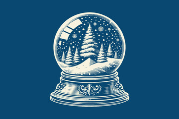 Snow globe. vintage retro hand drawn vector, engraving emblem, print on a blue background, icon, cut out