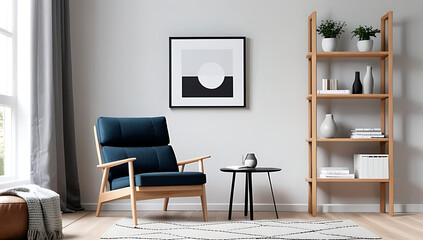 scandinavian style armchair near shelf wall wooden frame modern living room