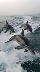 Obraz premium Dolphins leap through the waves near a boat in a foggy ocean setting during a calm morning