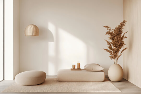 serene modern spa with minimalist meditation room featuring soft textures and neutral tones. calming atmosphere is enhanced by natural elements like plant and warm lighting