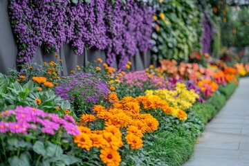 A vibrant walkway lined with rows of colorful flowers in a garden.