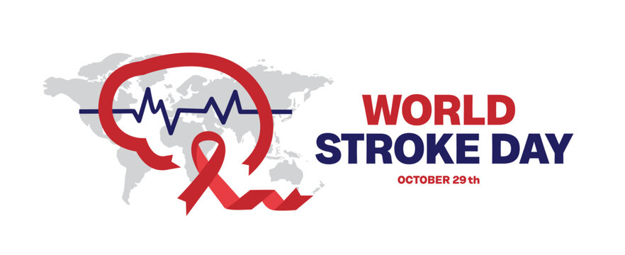 World Stroke Day, illustration of a brain-shaped ribbon with a world map for head disease. Suitable for posters and banners