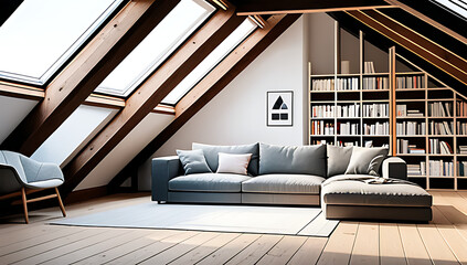 scandinavian style sofa sits beside bookshelves skylights rustic attic room