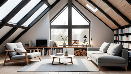 scandinavian style sofa sits beside bookshelves skylights rustic attic room