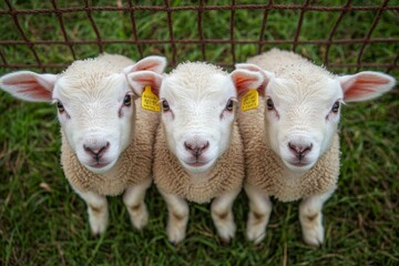 Fototapeta premium Three curious lambs lined up by a fence in a green pasture during daylight hours