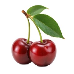 Close-Up View of Fresh Sweetheart Cherries with Lush Green Leaves on a Clean White Background