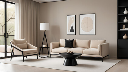 sofa chair beige near black cabinet minimalist living room decor