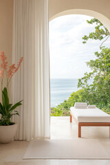 Fototapeta premium serene coastal spa with outdoor detox showers, featuring tranquil view of ocean and lush greenery. space is designed for relaxation and rejuvenation