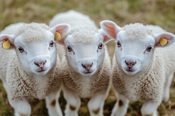 Obraz premium Three adorable lambs standing together on a green pasture during a sunny day