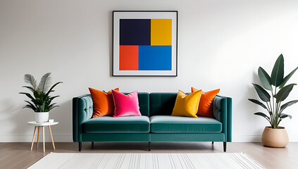 sofa placed white stucco modern decor colorful poster