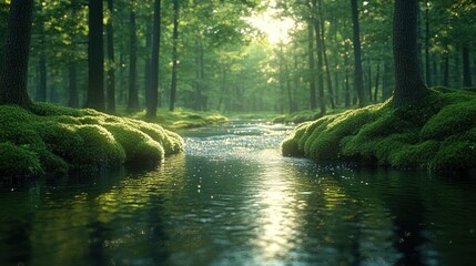 Obraz premium A serene forest scene with a shimmering creek surrounded by lush greenery.