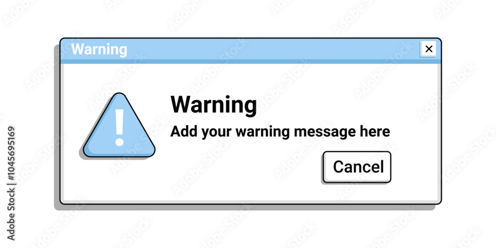 Poster warning retro message in blue color. error notification on desktop screen. system crash message.
