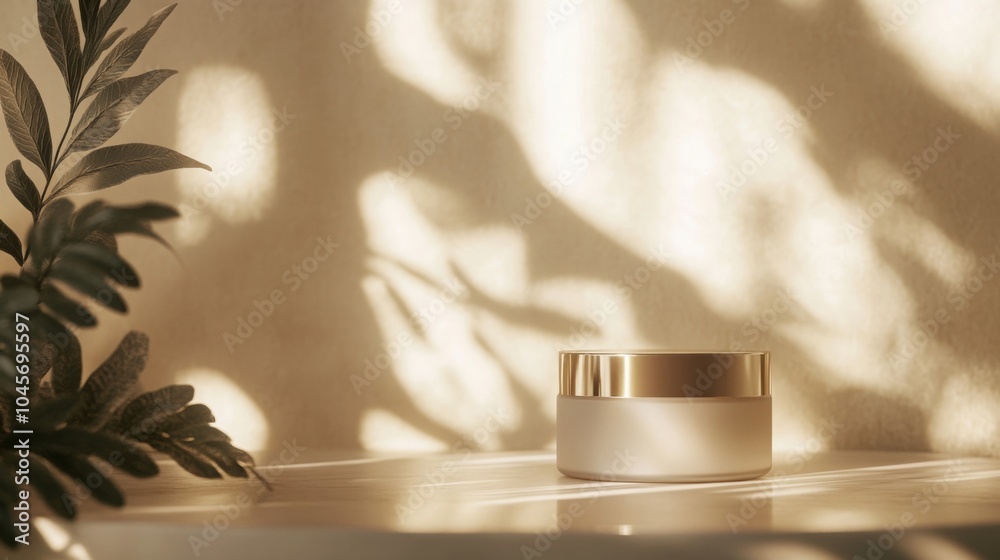 Aufkleber a white jar with a gold lid sits on a white table. the jar is in focus and the background is blurred