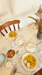 breakfast with pancakes and scrambled eggs