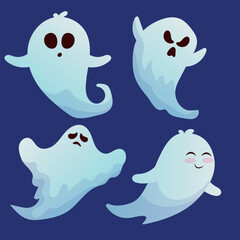 Cartoon cute kawaii Halloween ghost monster characters for holiday, cheerful spooky boo faces. Halloween, funny happy ghosts with pumpkin, spider in witch hat with broom or in vampire costume