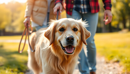 Couple walking with cute Golden Retriever dog outdoors on sunny day, closeup isolated with white highlights, png
