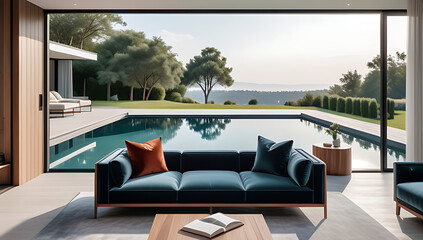 Fototapeta premium velvet sofa modern cottage stunning pool view comfortable space relaxation leisure activities always