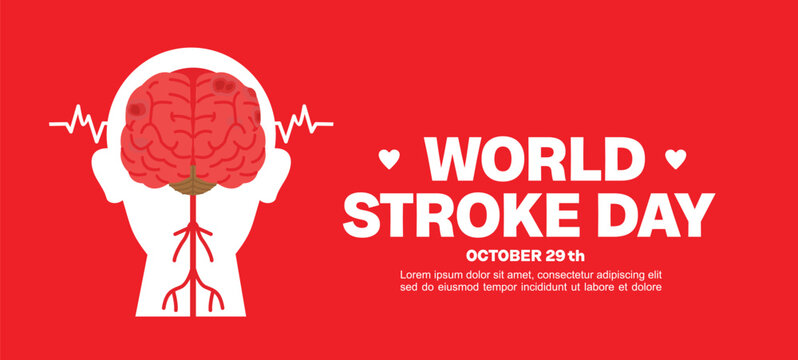 World Stroke Day, silhouette illustration of a head with a front view of a brain on a red background. Suitable for posters and banners