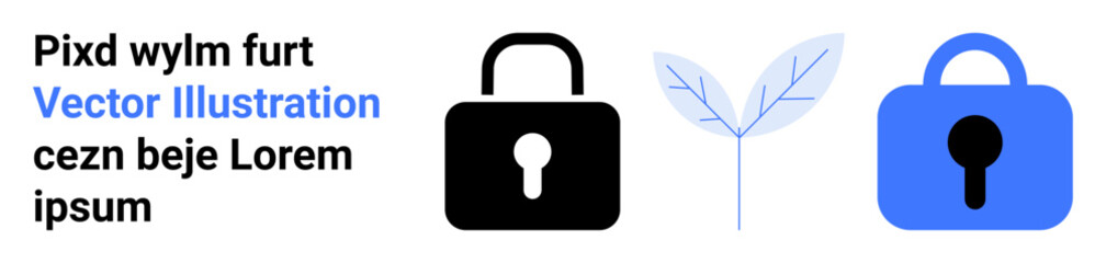 Two padlocks, one black and one blue, flank a simple blue leaf. Ideal for digital security, cybersecurity awareness, eco-security, technology protection, and sustainability themes. Banner for landing