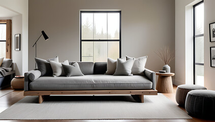 warm grey sofa paired plush daybed cozy living room filled rustic elements soft textiles