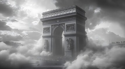 Fototapeta premium Atmospheric view of the Arc de Triomphe shrouded in mist and dramatic clouds.