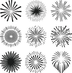 Black and White Fireworks Explosions Set - Vector Burst Elements for Celebrations and Festive Designs