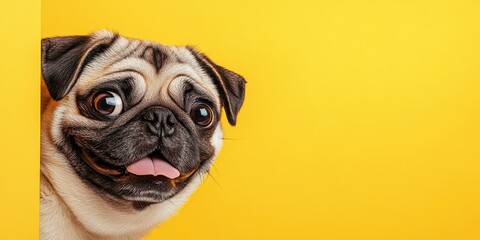 A cheerful pug smiling playfully against a bright yellow background in a lively indoor setting, capturing a moment of joy and exuberance