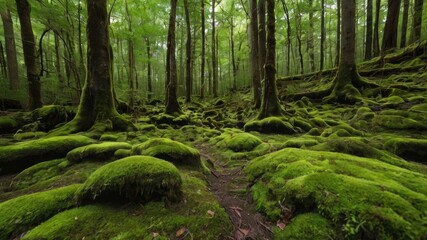 Lush green forest floor covered in moss 