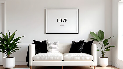 white love seat sits near small plant wall simple framed poster cozy farmhouse style