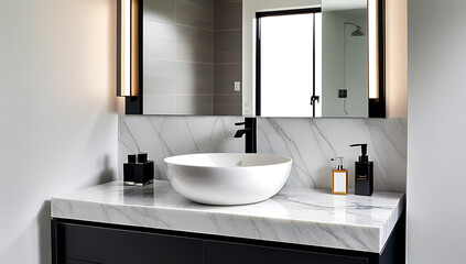 Fototapeta premium white marble vanity features stylish sink mirror modern bathroom minimalist interior design elements natural light