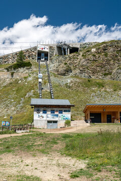 Zermatt, Switzerland - July 27, 2024: Funicular shuttle tram visitors can use to visit Leisee Lake, Sunnegga, Rothorn